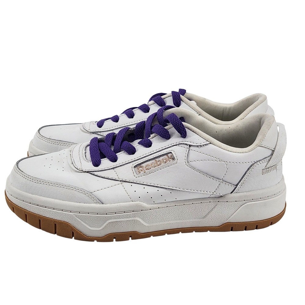 Reebok Court Advance Womens 8 White Gum Sole Leather Sneakers Purple Laces